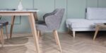 dining chair in grey upholstery and oak